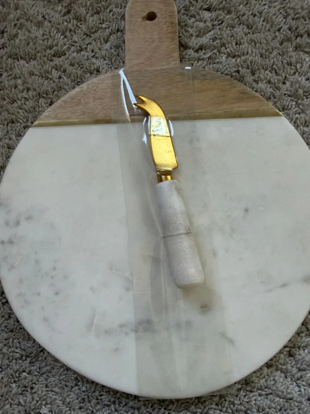 Cost Plus World Market White Marble & Wood Round Cheese Board with Gold Spreader